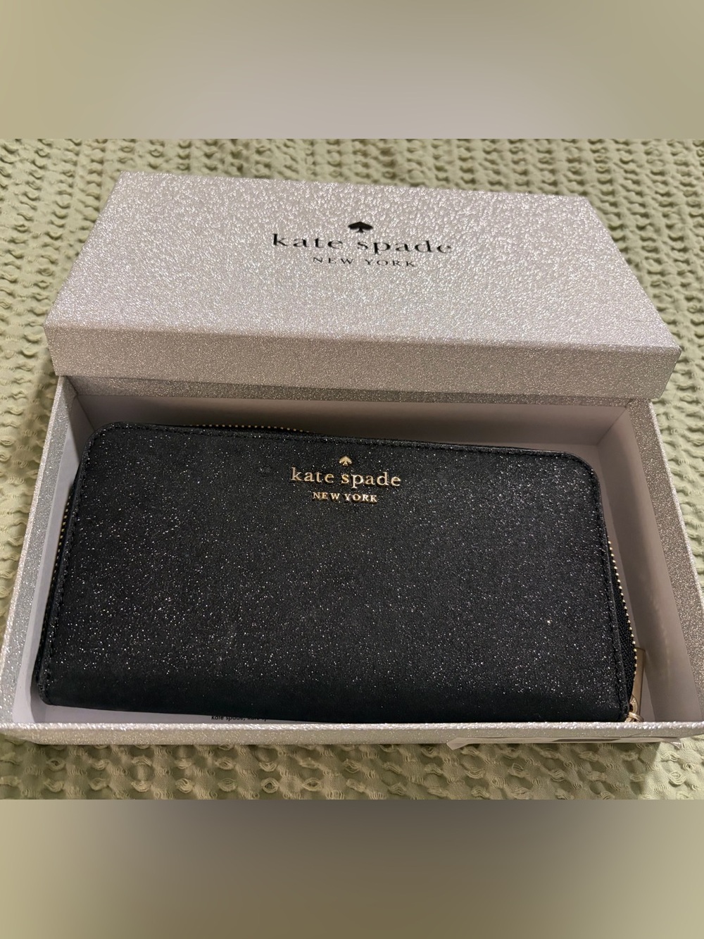 kate spade Black Glitter Zip-Around Continental Wallet with Gold Logo